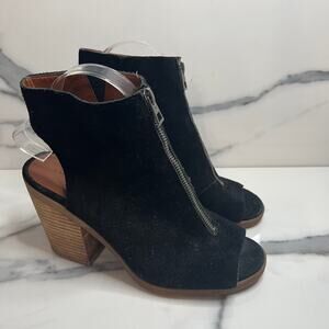 Lucky Brand | Women's Black Suede Front Zip Peep Toe Obaha Bootie Sandals Sz 8.5